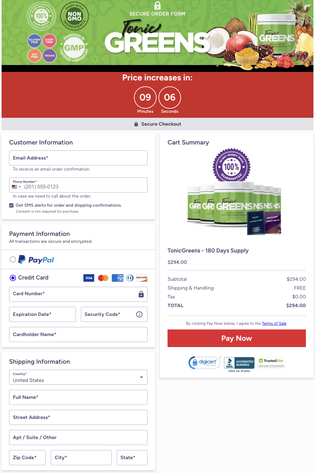 Tonic Greens payment page image